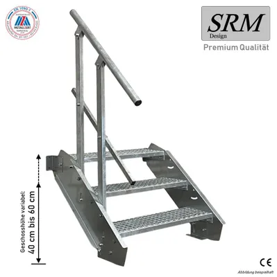 Zdjęcie produktu dla 3-stopniowe schody stalowe po jednej stronie. Szerokość poręczy 110 cm Wysokość schodów 40-60 cm
