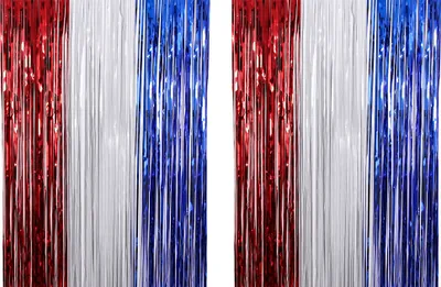 Produktbild von Folien-Fransenvorhänge – 2 Packungen funkelnde metallische Vorhänge für Party-Fotoautomaten-Dekor, Rot, Weiß, Blau