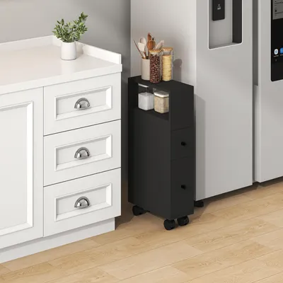 Produktbild von Nischenschrank auf Rollen 'Broreynna' 66 x 15 x 33 cm mit 2 Schubladen und 1 offenes Fach Schwarz