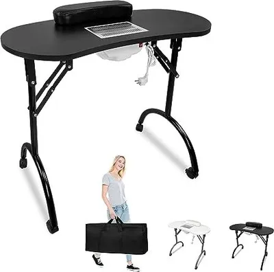 Image de NAIZY Table de manucure avec aspiration, Noir Table de manucure mobile Pliable avec aspirateur à ongles, roulettes et coussin pour poignet pour l'aspiration de la poussière Salon de manucure, 90 x 37 x 77 cm
