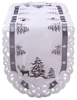 Obrázok produktu pre Vianočná obruska s vyšívaným motívom jeleňa a borovíc, oválna, 45 x 170 cm
