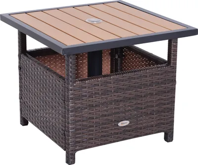 Produktbild von Outsunny Polyrattan Beistelltisch Gartentisch Terrassentisch Schirmständer für Sonnenschirm inkl. Sandsack Braun 55,5 x 55,5 x 46 cm