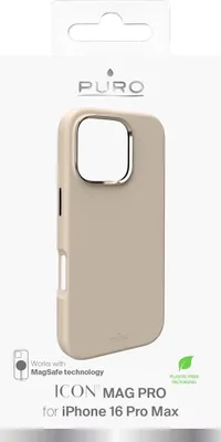 The image shows the packaging of a Puro Icon Mag Pro MagSafe Silikonhülle for iPhone 16 Pro Max in beige.
