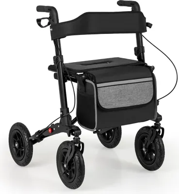 Produktbild von COSTWAY Rollator faltbar, 2in1 Rollstuhl & Reiserollator mit Sitz, Luftbereifung, Tasche & Stockhalter, Gehhilfe höhenverstellbar bis 140kg Schwarz