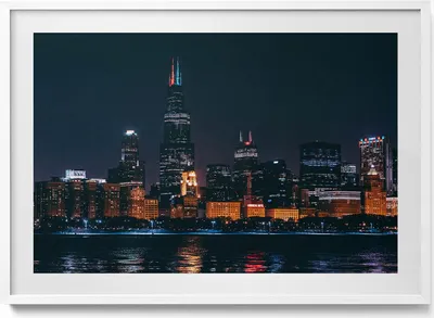 Produktbild von Stadtbild Chicago– Wandbild mit Rahmen – Gerahmtes Bild  – Wanddekoration – 100x70 cm –  Weiß Rahmen