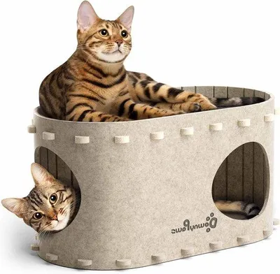 Image de Kattengrot en feutre Maison pour chats d'intérieur 58 x 33 x 30cm Tunnel pour chats pour jouer Durable et facile à installer Crème