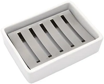 Produktbild von Keramik Seifenschale, Edelstahl Seifenhalter fš¹r Bad und Dusche, Double Layer Draining Soap Box