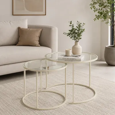 Productafbeelding van Skye Decor, hoogwaardige set van drie bijzettafels - Saffier eikenhout, beige, 100% metaal