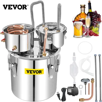 A collage of a VEVOR distillation apparatus, along with bottles of alcohol, grapes, and various accessories.
