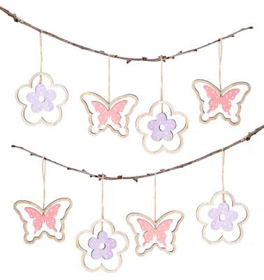 Produktbild von 8er Set Holz Anhänger Schmetterling Blume Natur Rosa Lila Dekohänger Frühling Ostern Osterstrauch Deko Osterdeko