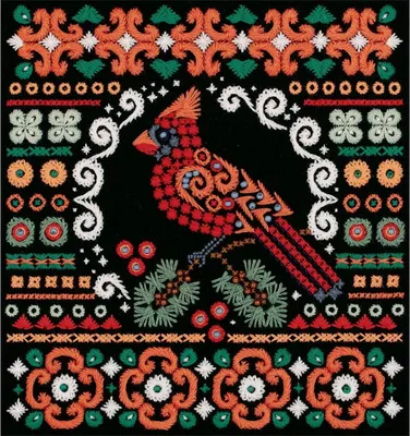 Imagen del producto de Kit de bordado Panna Plattstich "Cardenal Rojo", con patrón de puntos, 16,5 x 17 cm