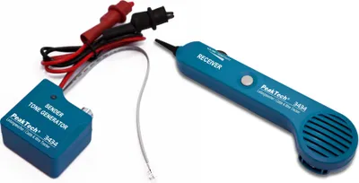 A PeakTech cable and wire tester set, consisting of a sender and a receiver, is displayed on a white background.