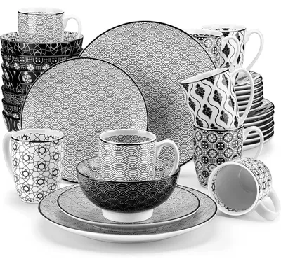 Zdjęcie produktu dla Komplet obiadowy dla 8 osób, 32 elementy, kolor: czarny, kremowy, porcelana