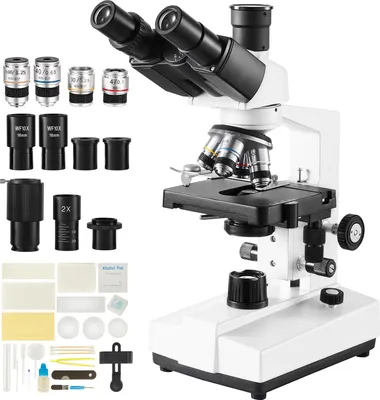 Image de Microscope composé trinoculaire SucceBuy, grossissement de 40 à 5 000 fois, éclairage LED, interface externe, platine mécanique à deux niveaux, porte-objet inclus