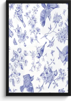 Produktbild von MuchoWow® MuchoWow® Gerahmtes Poster Blumen - Vögel - Blau 40x60 cm - Poster mit zchwarzem Bilderrahmen - Papierdruck - Wandbilder