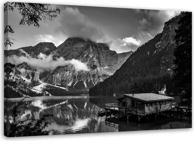 Produktbild von Leinwandbild haus am bergsee - schwarz-weiß 120x80 cm Feeby grau wandbild bereit zum aufhängen