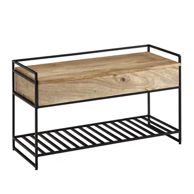 Produktbild von Sitzbank mit Stauraum 90x52x38 cm Mango Massivholz / Metall Flurbank Braun, Schuhbank mit Sitzfläche Klein, Schmale Garderobenbank mit Schuhregal