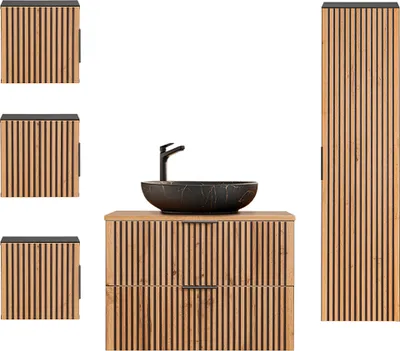 Produktbild von Waschtisch und Hängesäule 80.6cm Gaia mit 2 Schubladen, Eichenoptik und Schwarz