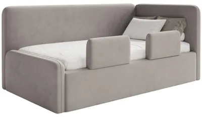 Image de Selsey Fanko – Lit enfant 90x200 cm avec barrière de sécurité, tête de lit à droite, velours, gris-beige