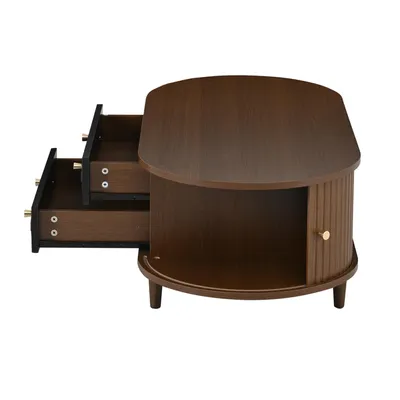 Produktbild von okwish Wohnzimmer-Couchtisch mit zwei Schubladen,Kaffeetisch,Sofatisch mit Rolltür,Wohnzimmertisch mit 4 Stützbeinen,Nussbaum