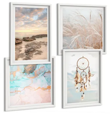 Produktbild von Bilder Set 4-teilig im weißen Rahmen – Wandbilder 4 Stück – gerahmte Poster für Wohnzimmer, Schlafzimmer und Flur – 50x50 cm - 40x60 cm – Wolkenmeer, Traumfänger, Gras