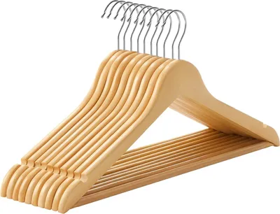 Produktbild von KleiderbÜgel Holz, 10er Set, BÜgel aus Massivholz, rutschfester Hosensteg, um 360° drehbarer Haken, fÜr AnzÜge, Hemden