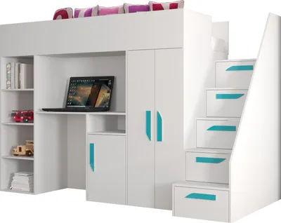 Produktbild von Etagenbett für Kinder Party 14 Stockbett mit Treppe und Bettkasten (Weiß + Weiß Glanz + türkise Griffe)