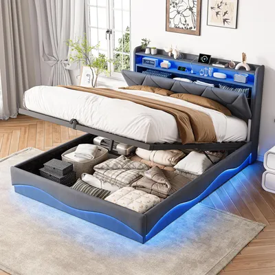 Obrázek produktu pro Postel INONEFT, čalouněná, rozměr 140 x 200 cm, s LED osvětlením a úložným prostorem, manželská postel s nabíjecí stanicí, postel s úložným prostorem v čele, rám postele s lamelovým roštem, samet, šedá barva