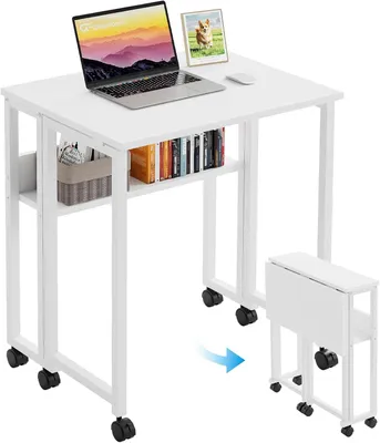 Imagen del producto de Escritorio pequeño plegable con ruedas, 80 x 50 cm. Escritorio portátil plegable, mesa de escritorio plegable con espacio de almacenamiento