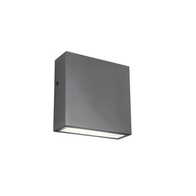 A modern, rectangular outdoor wall light with a brushed metal finish.