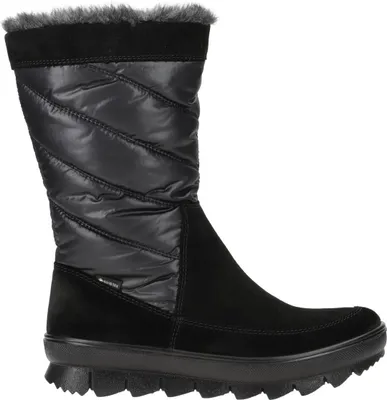 A black winter boot with quilted detailing and faux fur trim.