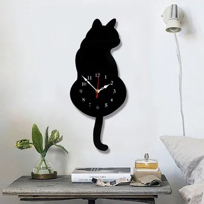 Image de Horloge murale en acrylique noir avec pendule, pour le salon et la cuisine, 42 x 18 cm