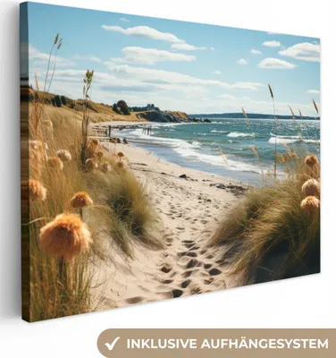 Produktbild von MuchoWow® - Leinwandbilder - Strand - Dünen - Strandhafer - Meer - Sand, Wandbild, Wanddeko Bilder Wohnzimmer, 80x60 cm