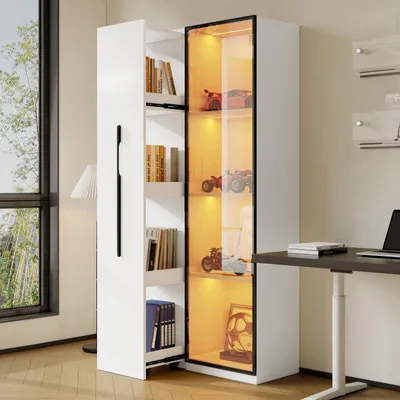Immagine prodotto di Mobile multifunzionale alto 160 cm - libreria e vetrina con ante in vetro temperato, telaio in alluminio, 1 anta, 1 cassetto laterale, con rotelle e illuminazione a LED - vetrina, mobile da sala da pranzo