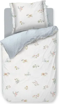 A top-down view of a floral patterned duvet cover and pillow set.