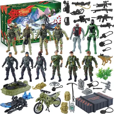 Immagine prodotto di Calendario dell'Avvento a tema natalizio 2025 con soldato militare, calendario di conto alla rovescia di 24 giorni con figure d'azione di soldati, armi e accessori per l'equipaggiamento