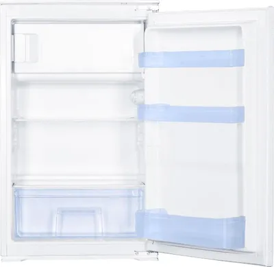 An open, empty refrigerator with shelves and door compartments.