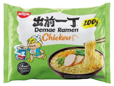 Zdjęcie produktu dla Nissin Demae Ramen, Błyskawiczna z kluskami typu noodle, 100 g, 100 g, Kurczak, CE, Plastikowa torba