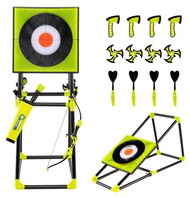 Produktbild von COSTWAY Axt Wurfspiel Set, 4 in 1 Wurfäxte Spiel mit Bogen, Zielscheibe, 6 Pfeilen, 4 Äxten, 4 sternförmigen Dartpfeilen, 4 Dartpfeilen, innen & außen