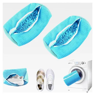 Produktbild von 2 Stück Schuhbeutel für die Waschmaschine, Wiederverwendbares Wäschenetz für Schuhe mit 360°-Reinigungsflaum, Schuhsack für alle Schuharten und Größen (Blau)