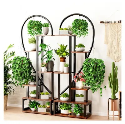 Produktbild von Blumenständer mit 6 Ebenen und 4 Haken, 2 Stück Pflanzenregal in Halbherzform, 165 cm hoch für Indoor, Balkon, Boden und Wohnzimmer