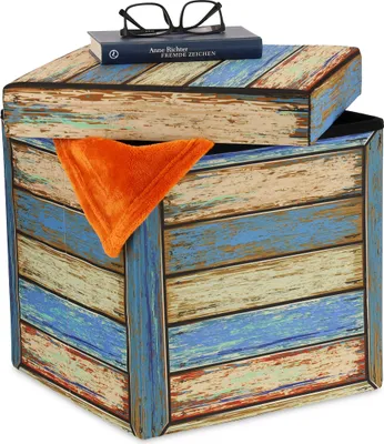 Image de Pouf Relaxdays avec espace de rangement, design vintage à planches de bois, pliable, rembourré, dimensions du pouf : 38 x 37,5 x 37,5 cm, multicolore