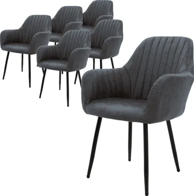 A set of six grey dining chairs with armrests and black legs, arranged on a white background.