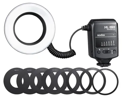 Zdjęcie produktu dla Uniwersalna lampa pierścieniowa Godox ML-150II do makrofotografii 11 poziomów regulowanej jasności GN12 Szybki czas ładowania z 8 sztukami pierścieni adapterowych Zamiennik dla Canon