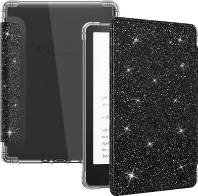 Produktbild von 6,8" Kindle Paperwhite 11. Generation 2021 Signature Edition Hülle - Transparente, weiche TPU-Rückseite - Schwarzer Glitzer - Automatische Aktivierung/Deaktivierung