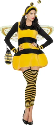 A woman is posing in a bee costume.
