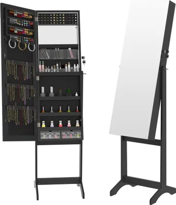 Obrázok produktu pre JOIEYOU Skrinka na šperky so zrkadlom Zrkadlová skrinka Skrinka na make-up Stojaca s osvetlením Uzamykateľný úložný priestor na šperky Organizér na make-up 2 v 1 so zrkadlom v plnej dĺžke Stojace zrkadlo, čierne