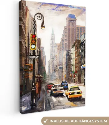 Produktbild von MuchoWow® - Leinwandbilder - Gemälde - Stadt - Auto - Öl, Wandbild, Wanddeko Bilder Wohnzimmer, 20x30 cm