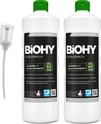 Produktbild von BiOHY Scheuermilch (2x1l Flasche) + Dosierer | entfernt eingebrannte Speisereste mühelos | gründliche Reinigung ohne zu kratzen | schonend zu Haut & Umwelt | für Emaille, Keramik & Edelstahl