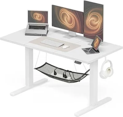Imagen del producto de Escritorio de altura ajustable de 140x60 cm, escritorio de ordenador estable con gestión de cables, escritorio eléctrico con función de memoria, capacidad de carga de 80 kg, escritorio de oficina para teletrabajo, color blanco